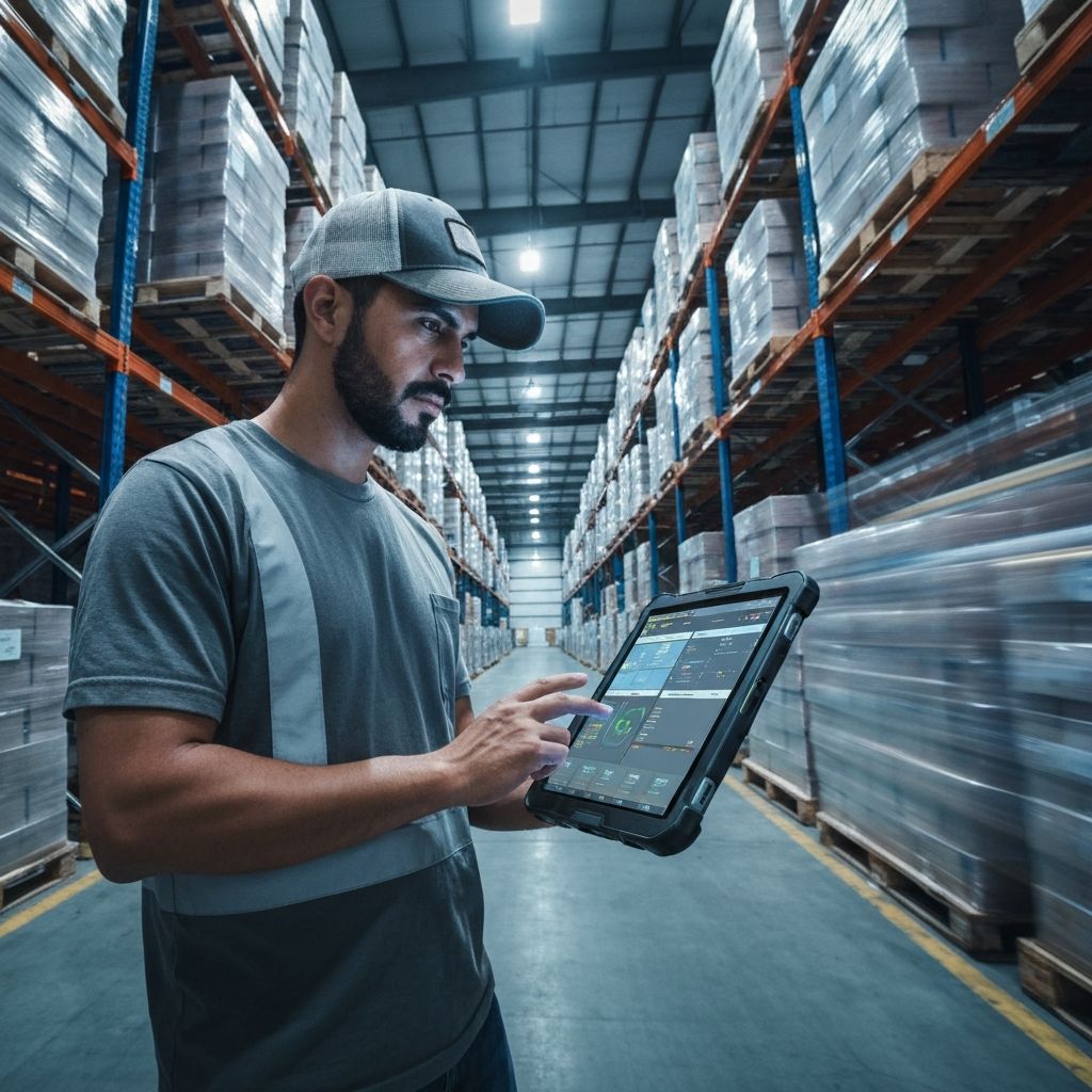 Field worker using tablet for logistics tracking